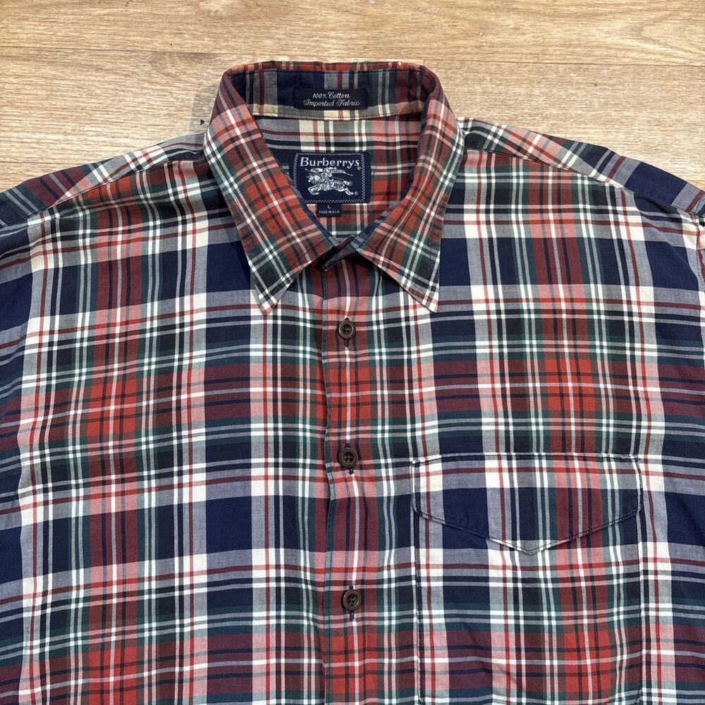 Vintage 90s Burberry plaid striped preppy logo button-up shirt Made USA Large